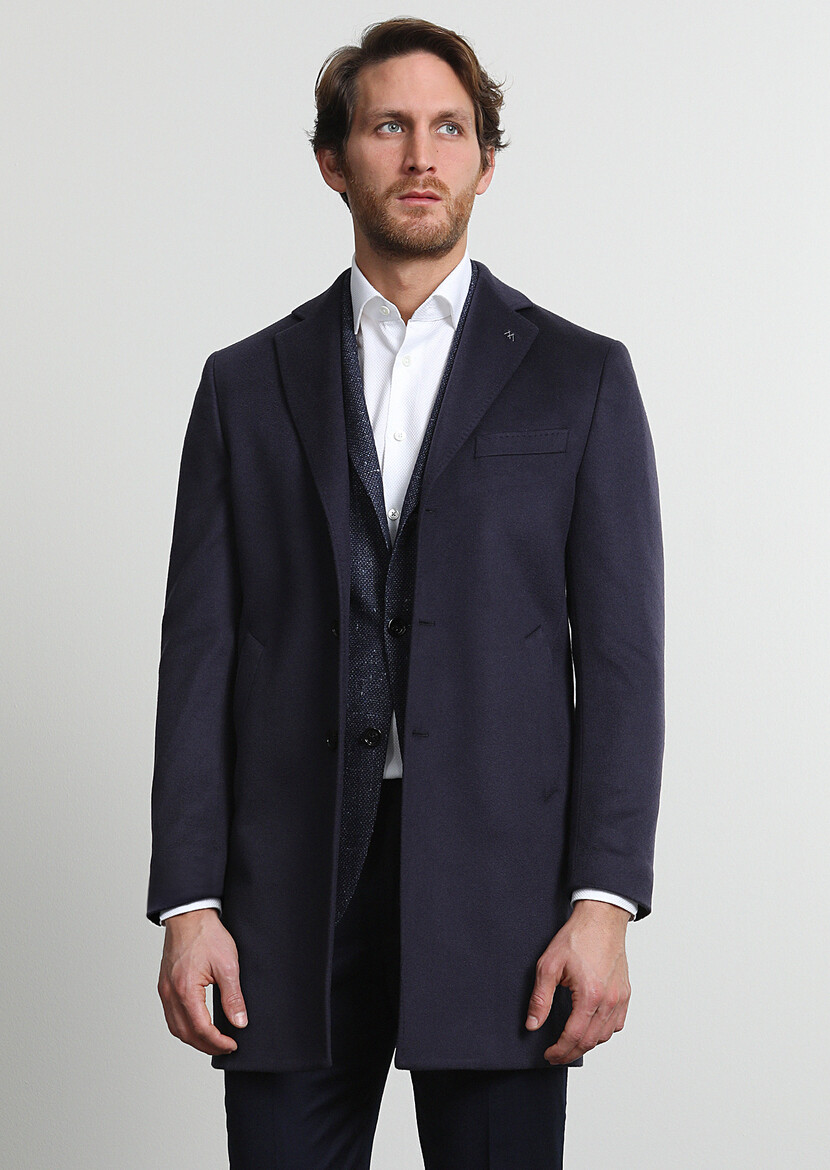 Navy Blue Weaving Overcoat - 1