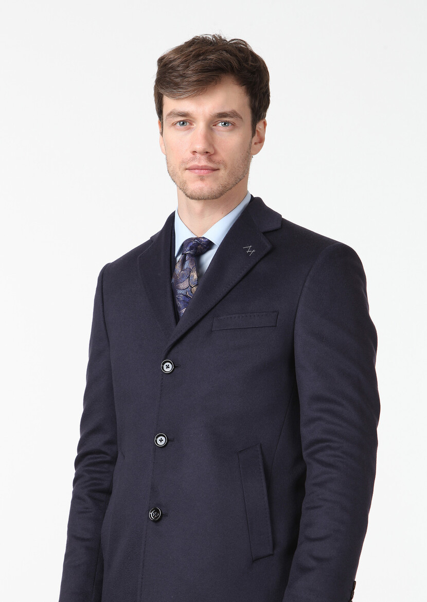 Navy Blue Weaving Overcoat - 3