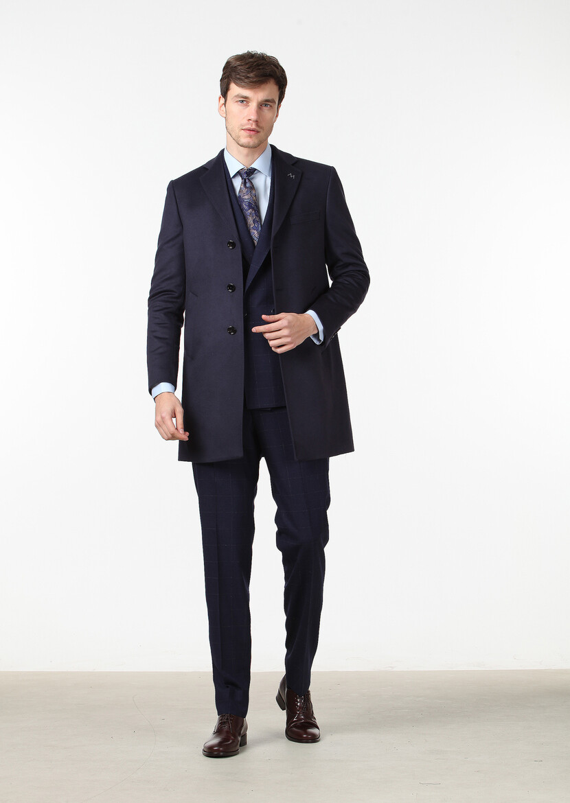 Navy Blue Weaving Overcoat - 4