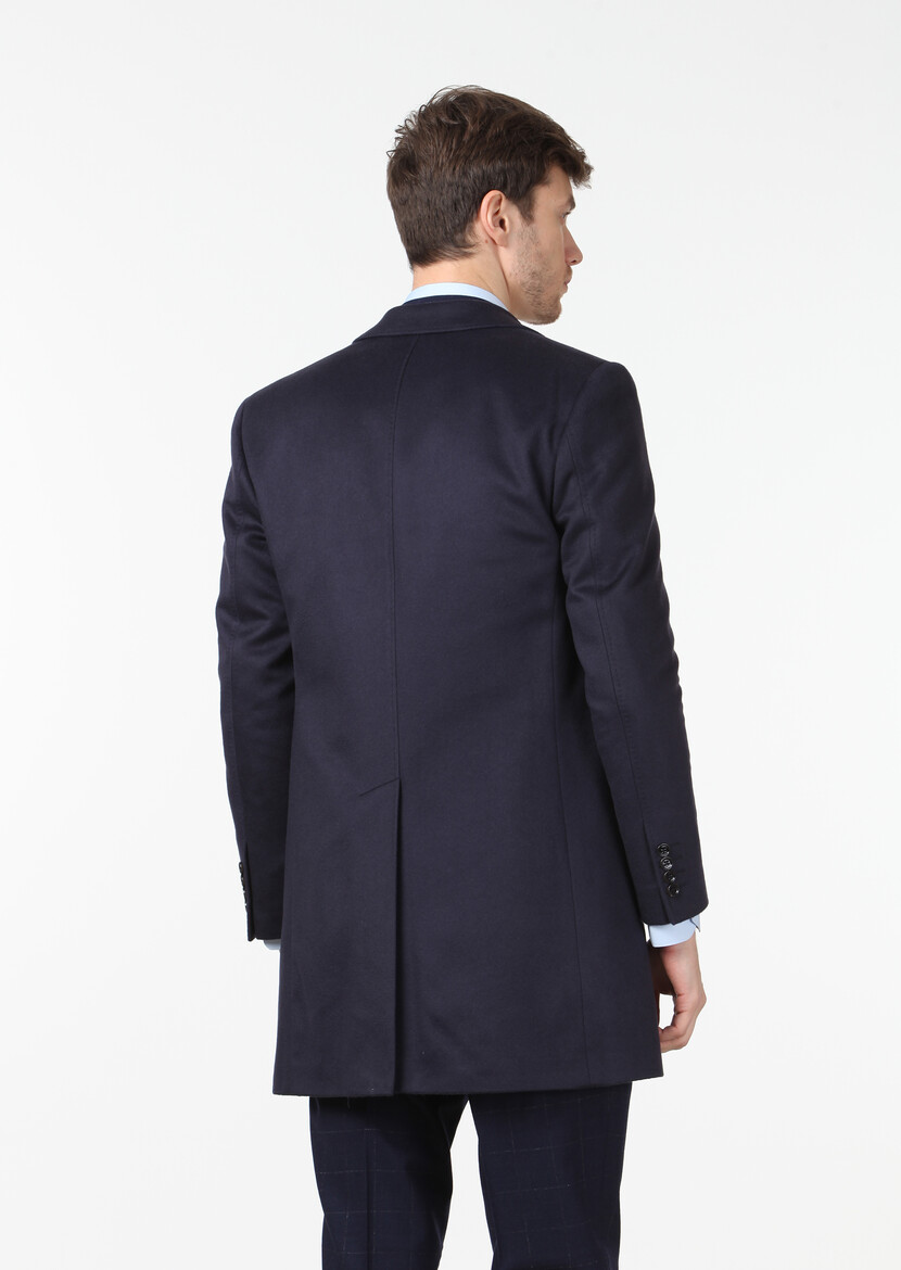 Navy Blue Weaving Overcoat - 5