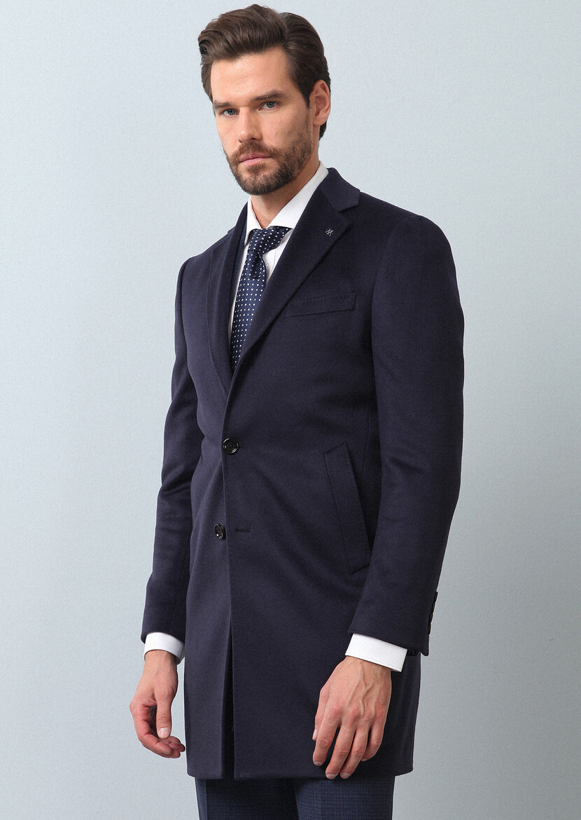 Navy Blue Weaving Overcoat - 2