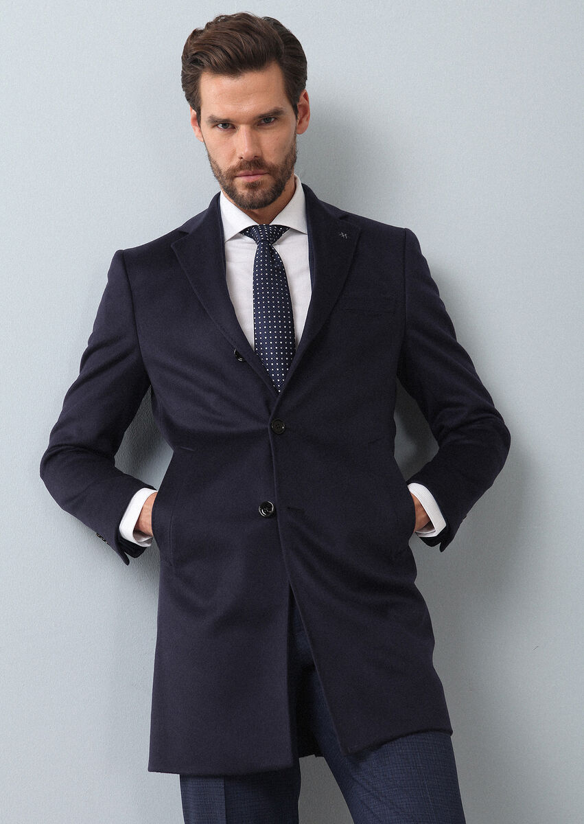 Navy Blue Weaving Overcoat - 4