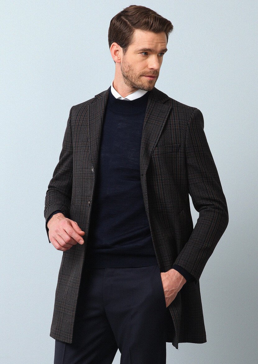 Navy Blue Weaving Overcoat - 1
