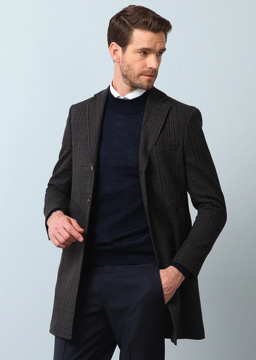 Navy Blue Weaving Overcoat - 1
