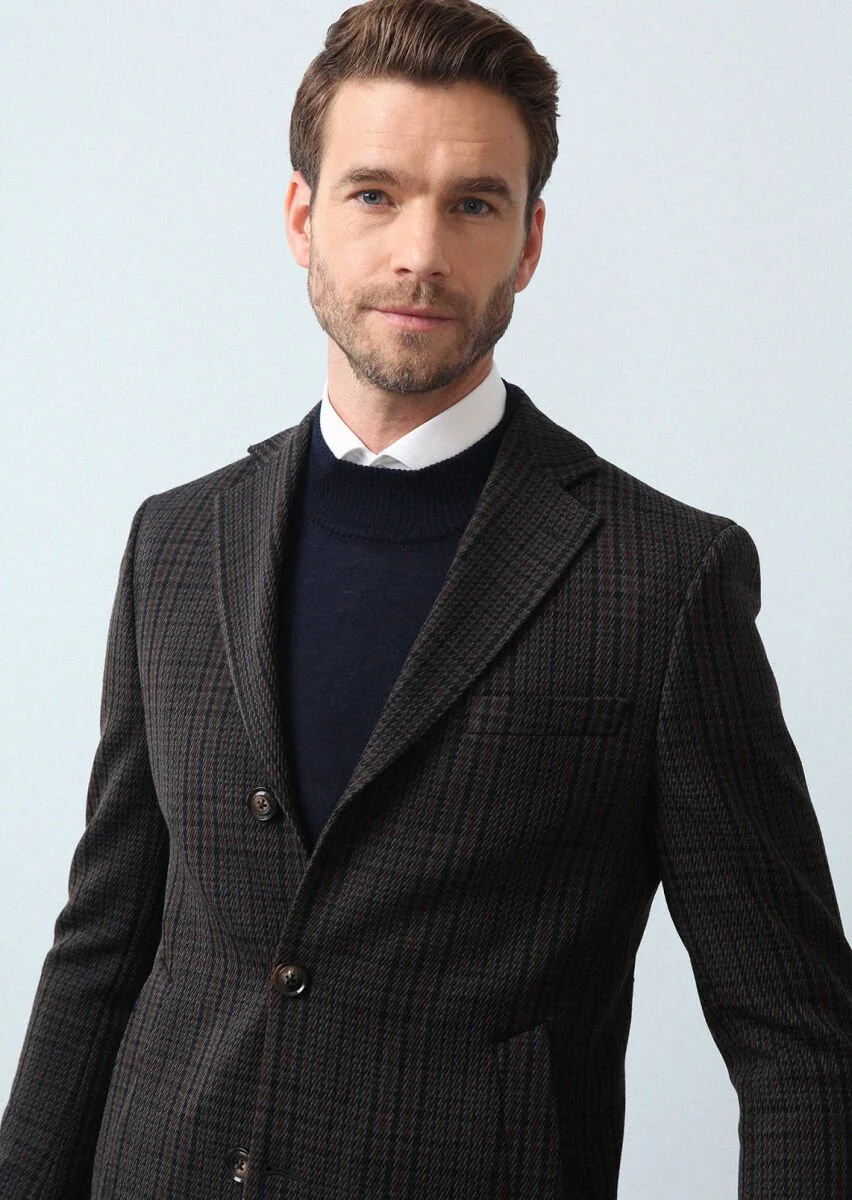 Navy Blue Weaving Overcoat - 2