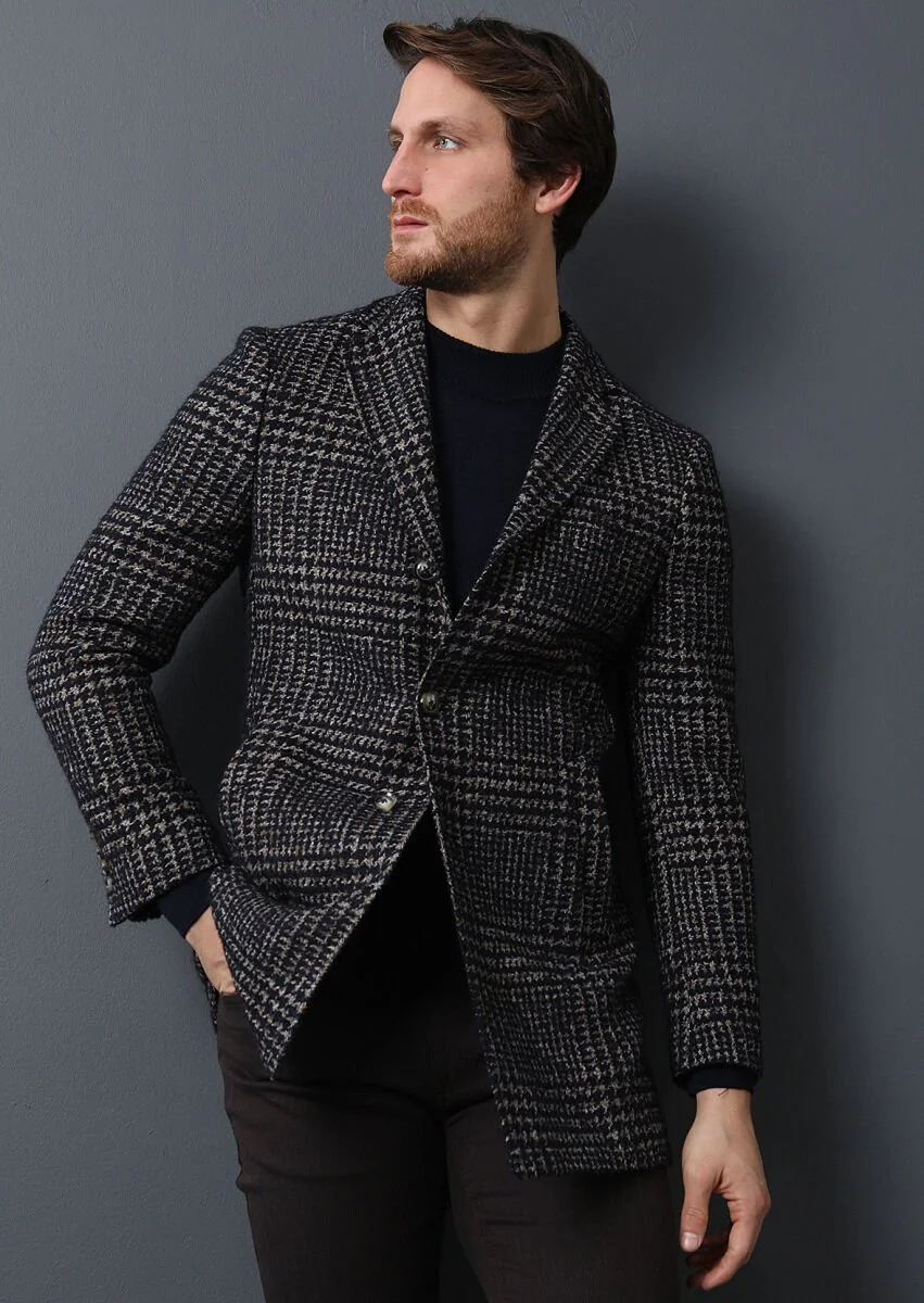 Navy Blue Weaving Overcoat - 1