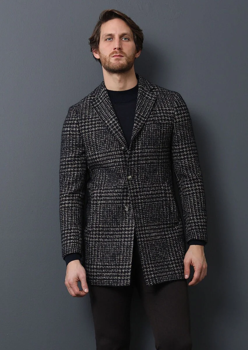 Navy Blue Weaving Overcoat - 3