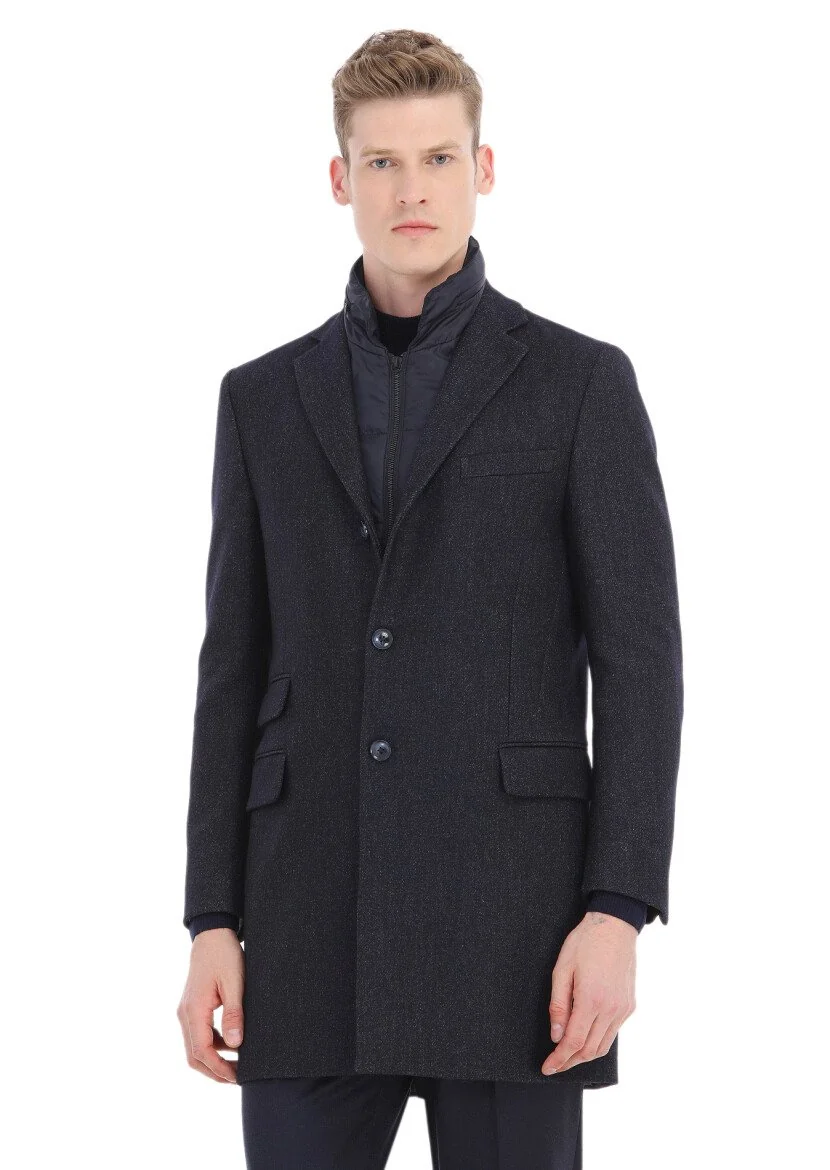 Navy Blue Weaving Overcoat - 1
