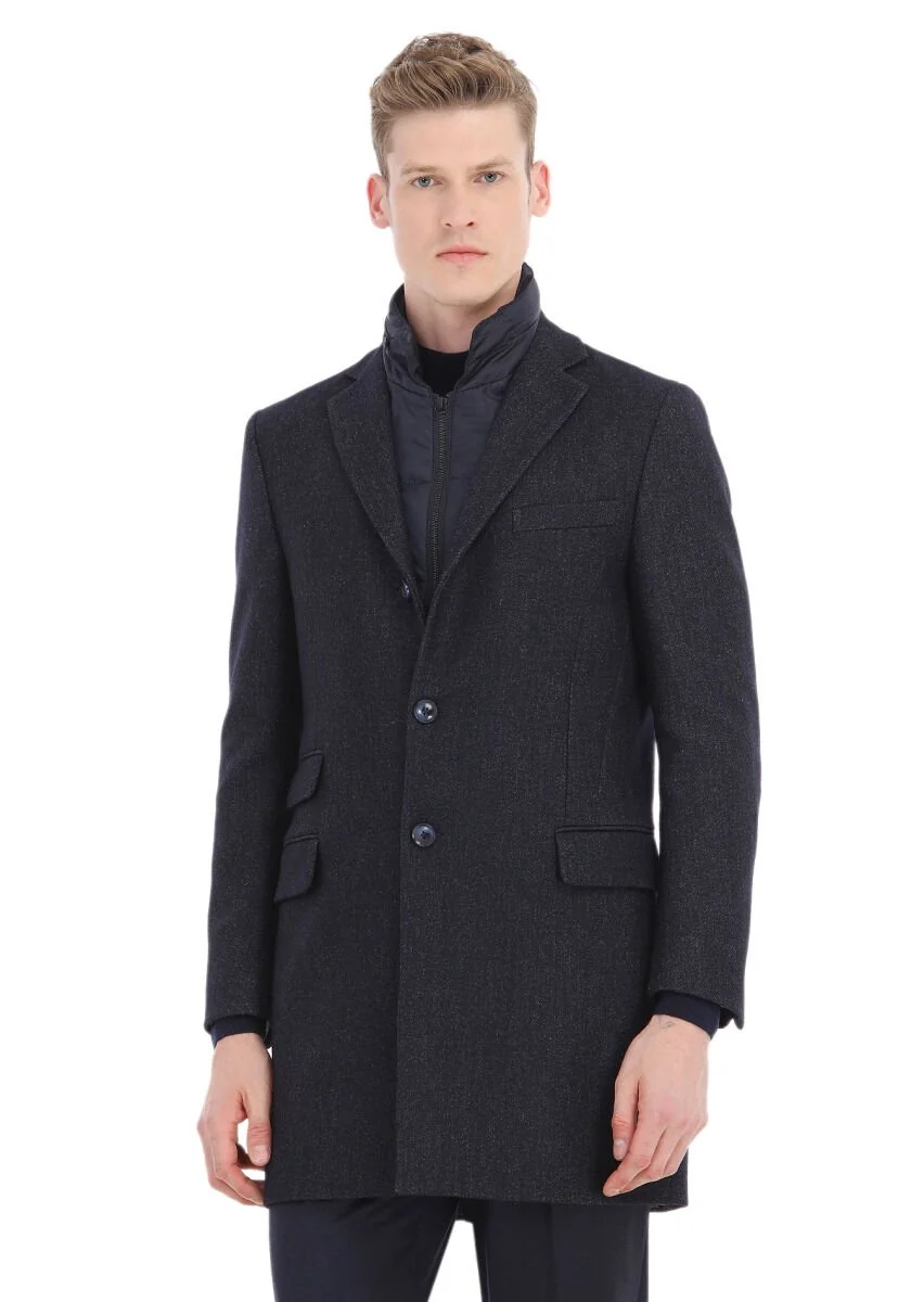 Navy Blue Weaving Overcoat - 1