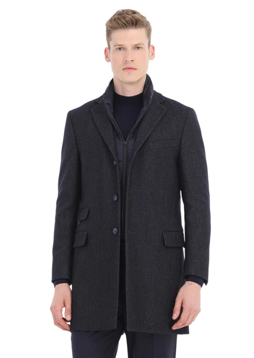 Navy Blue Weaving Overcoat - 3