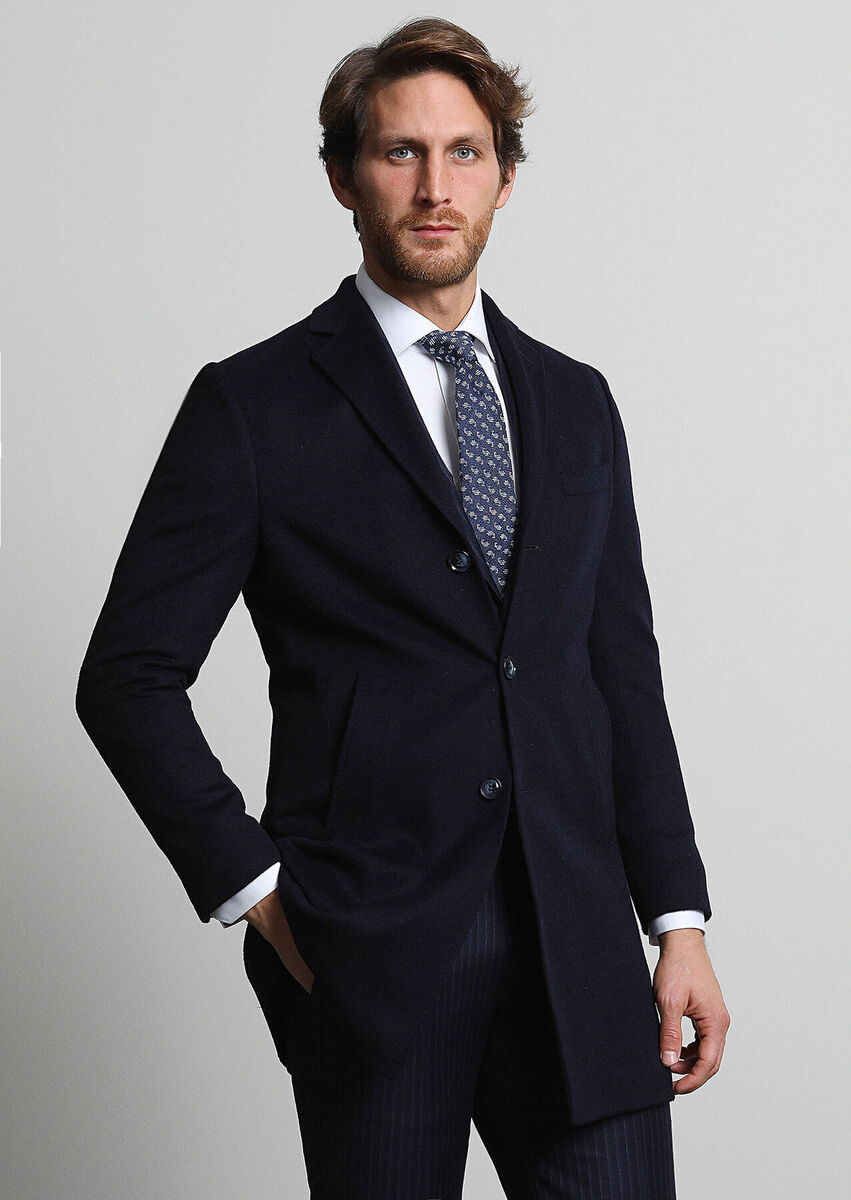 Navy Blue Weaving Overcoat - 1