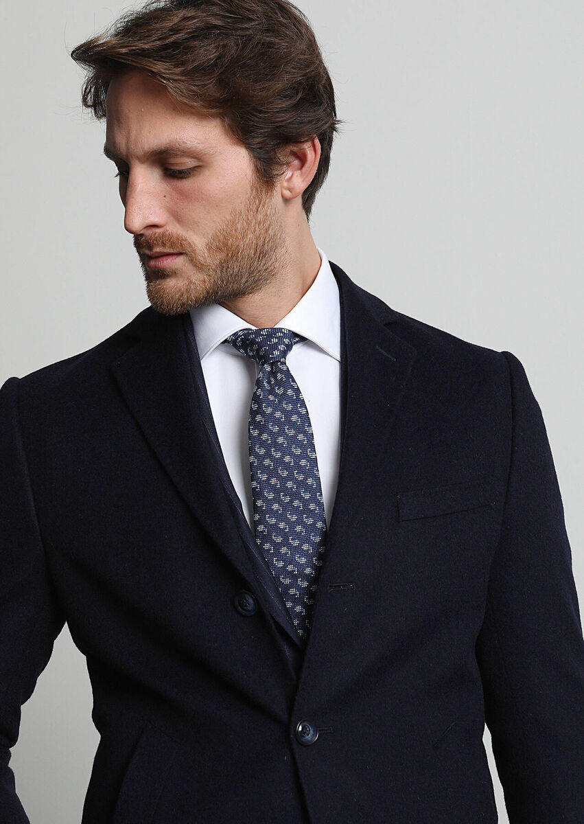 Navy Blue Weaving Overcoat - 2