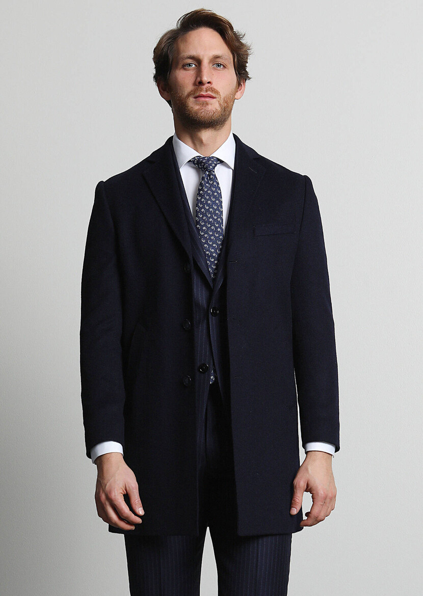 Navy Blue Weaving Overcoat - 3