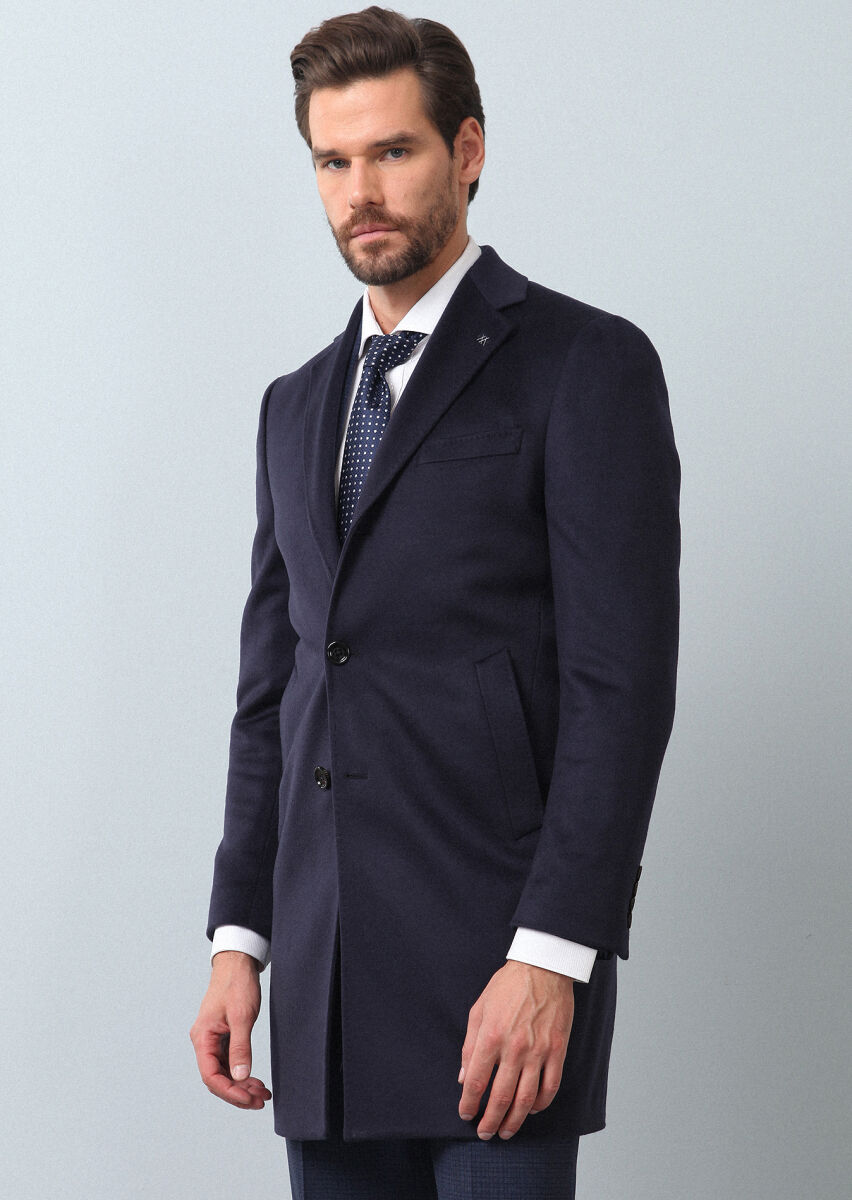 Navy Blue Weaving Overcoat - 3