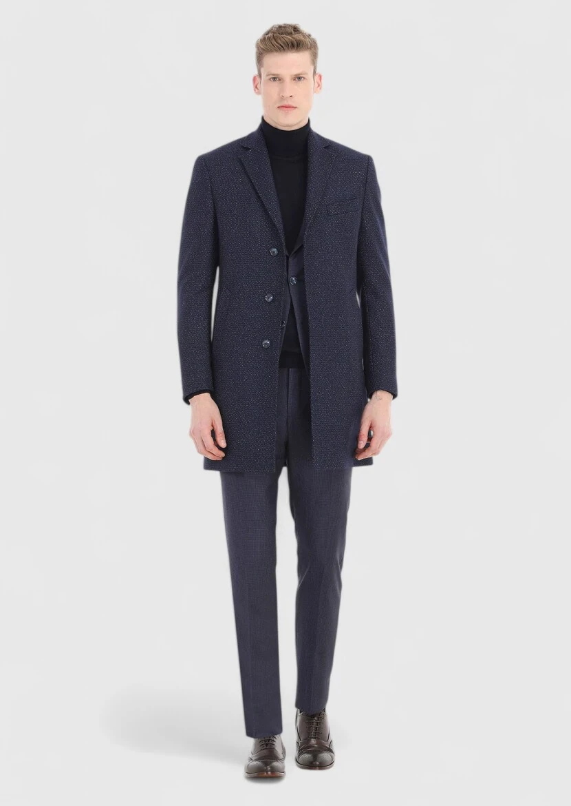 Navy Blue Weaving Overcoat - 1