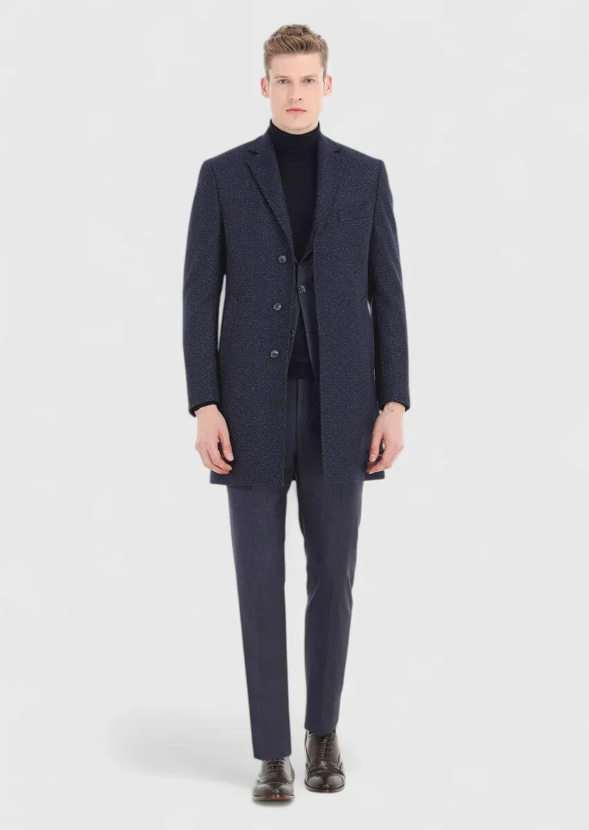 Navy Blue Weaving Overcoat - 1