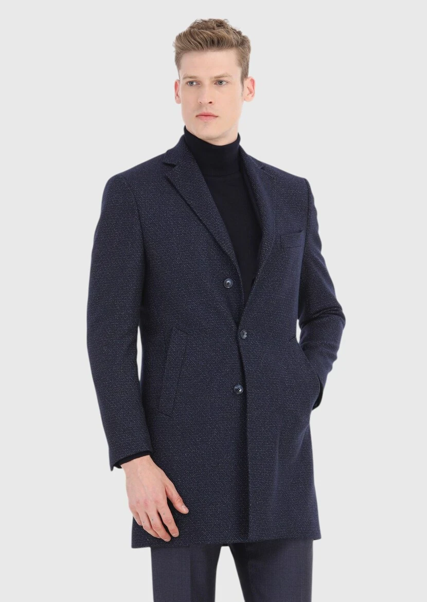 Navy Blue Weaving Overcoat - 2