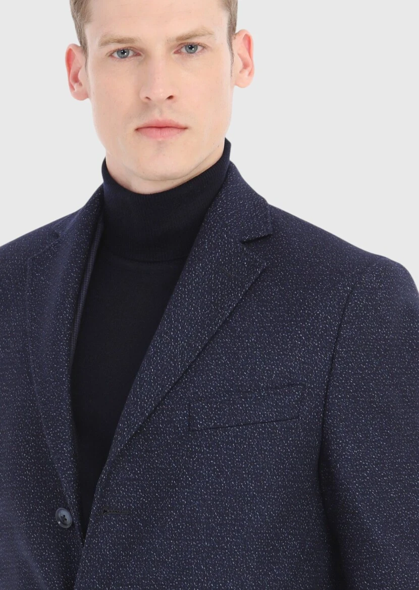 Navy Blue Weaving Overcoat - 3