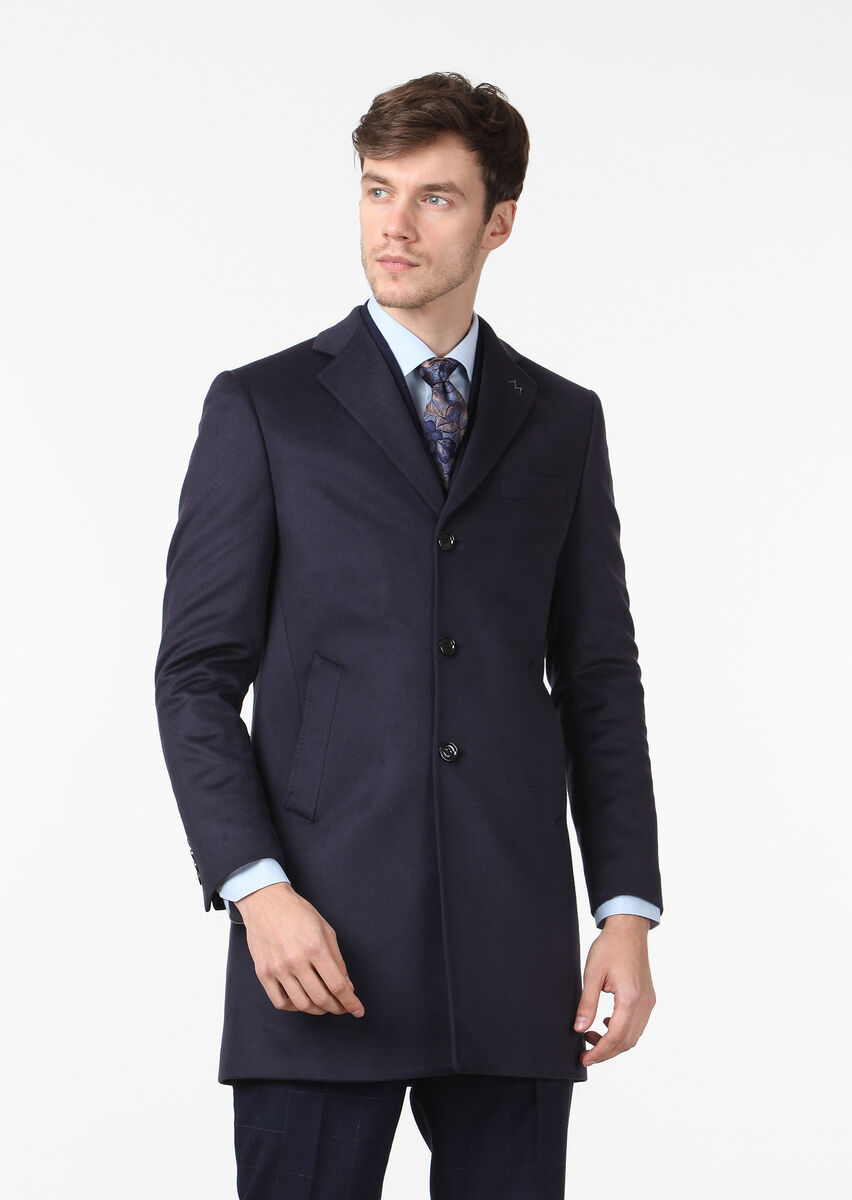 Navy Blue Weaving Overcoat - 1