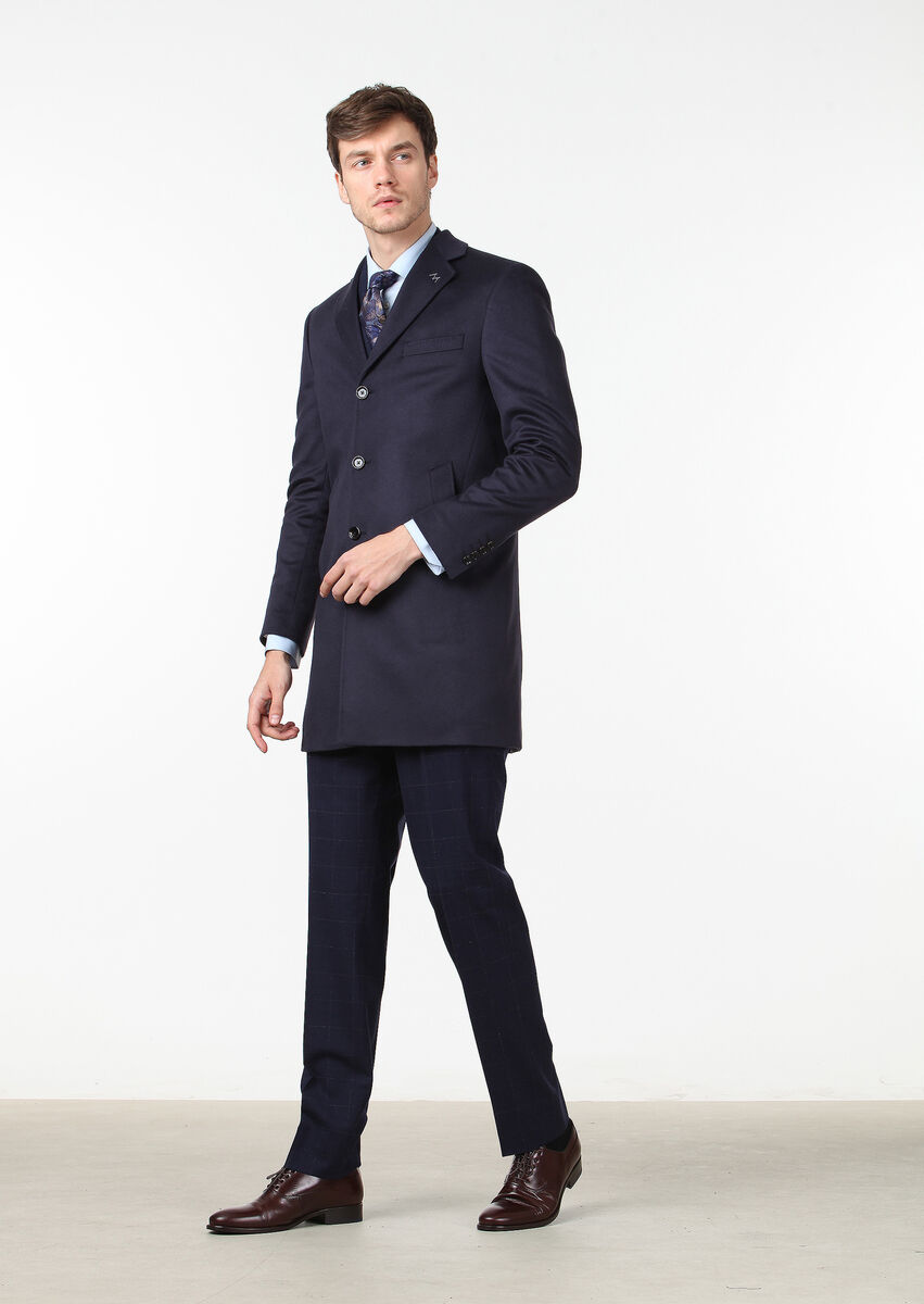 Navy Blue Weaving Overcoat - 2