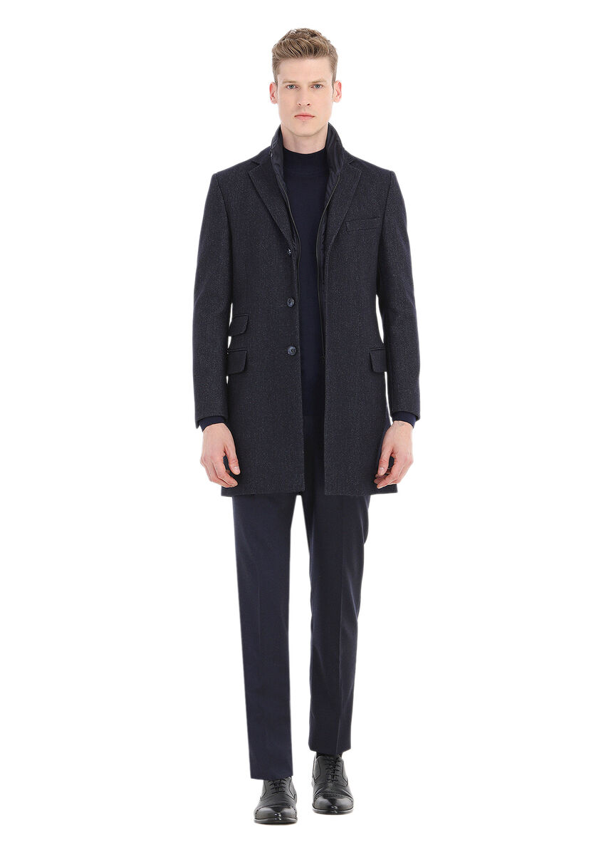 Navy Blue Weaving Overcoat - 1