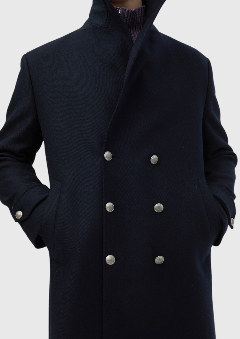 Navy Blue Weaving Overcoat - 5