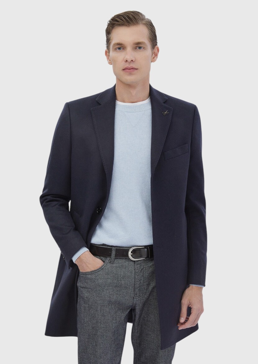 Navy Blue Weaving Overcoat - 2