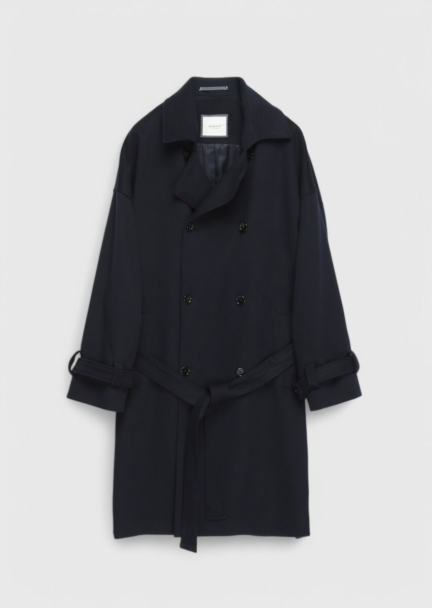 Navy Blue Weaving Overcoat - 1