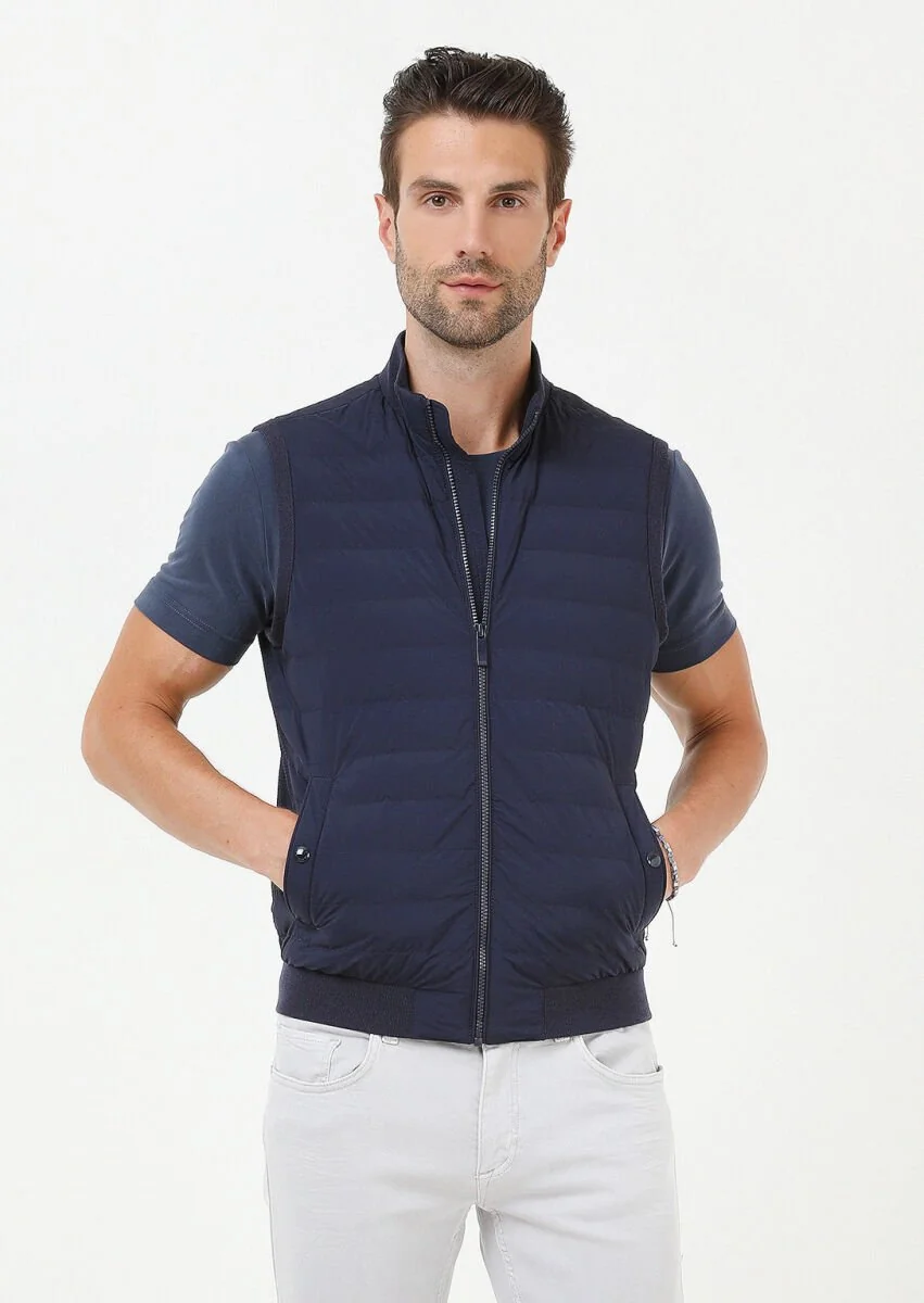 Navy Blue Weaving Puffer Vest - 1