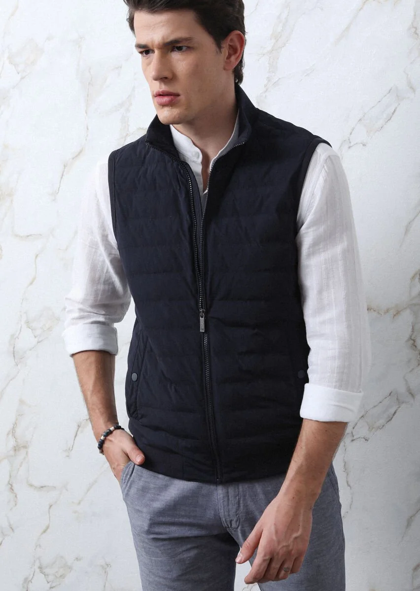 Navy Blue Weaving Puffer Vest - 4
