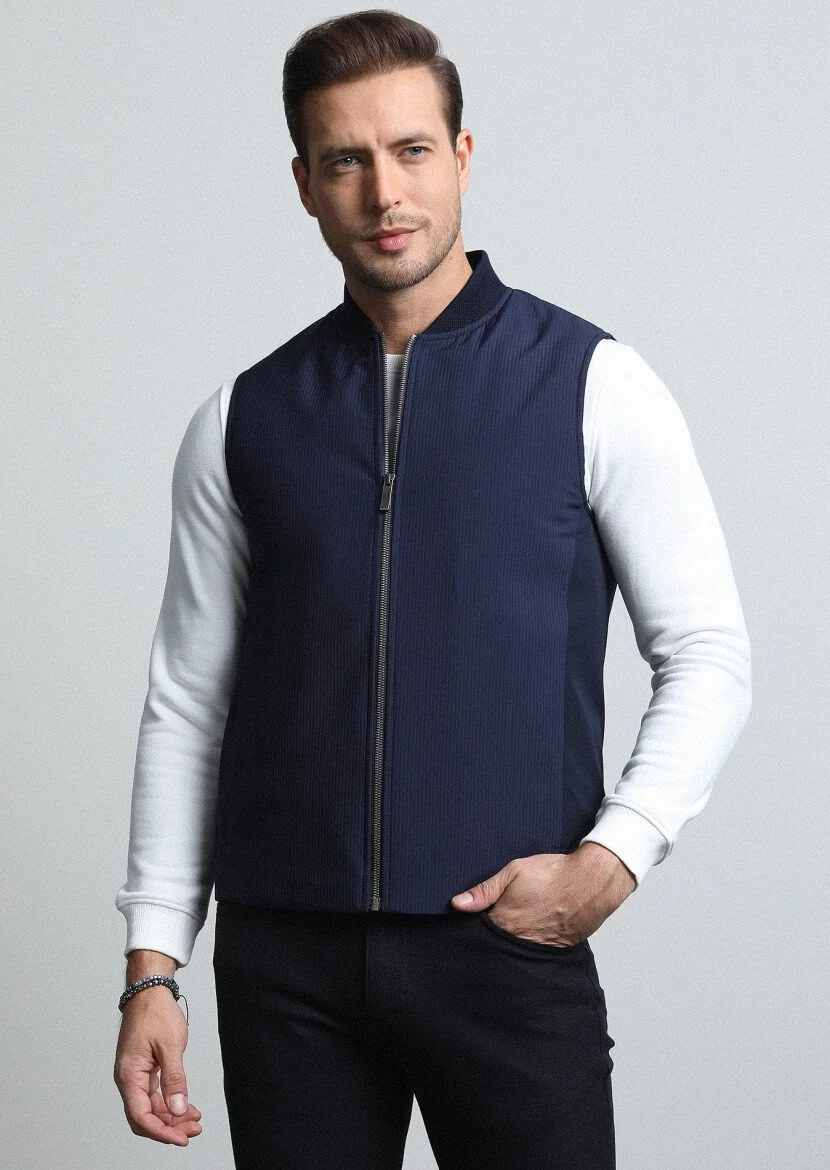 Navy Blue Weaving Puffer Vest - 1
