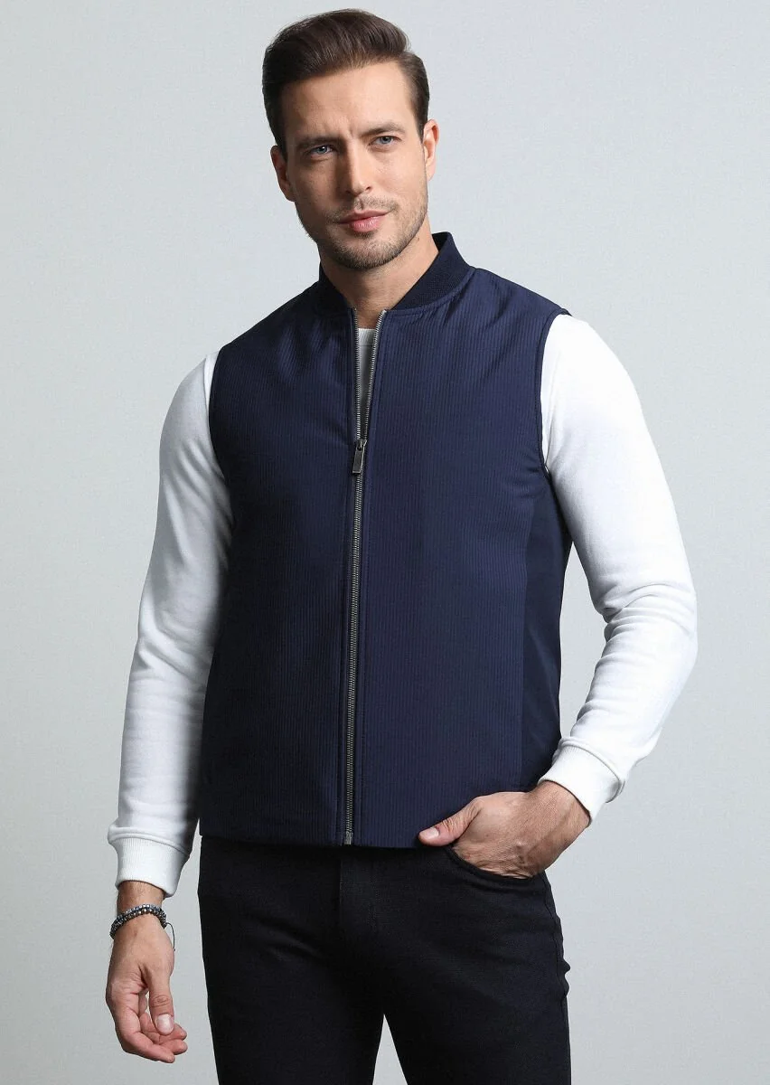 Navy Blue Weaving Puffer Vest - 1