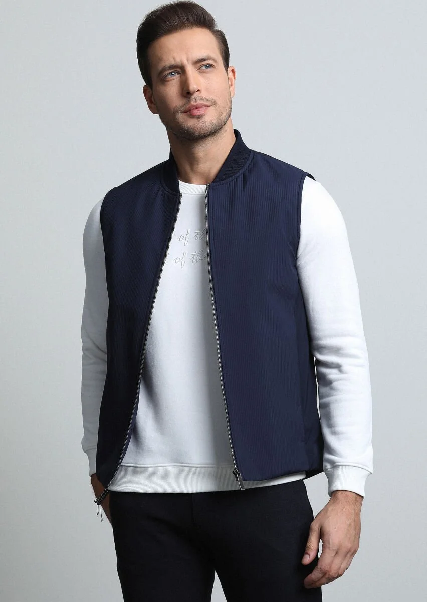 Navy Blue Weaving Puffer Vest - 2