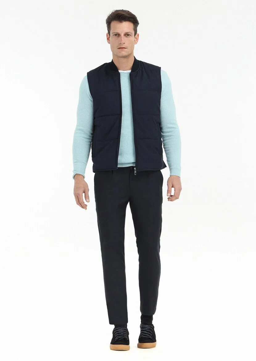 Navy Blue Weaving Puffer Vest - 1