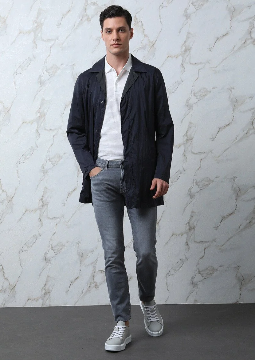 Navy Blue Weaving Rain Coat - 1
