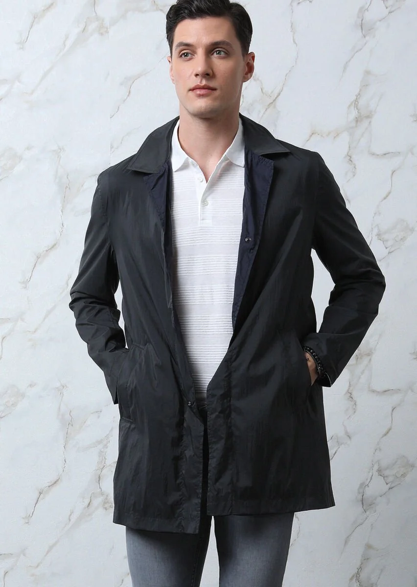 Navy Blue Weaving Rain Coat - 2