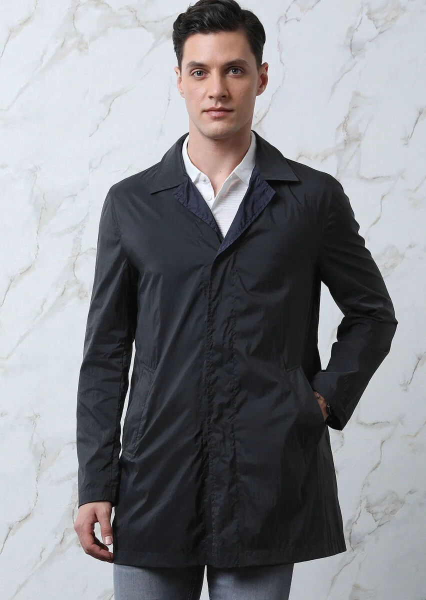 Navy Blue Weaving Rain Coat - 3