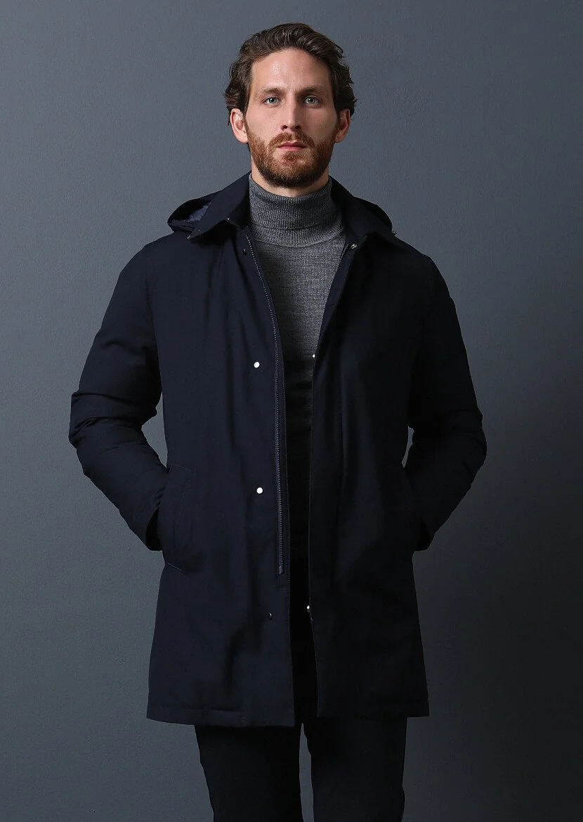 Navy Blue Weaving Rain Coat - 1