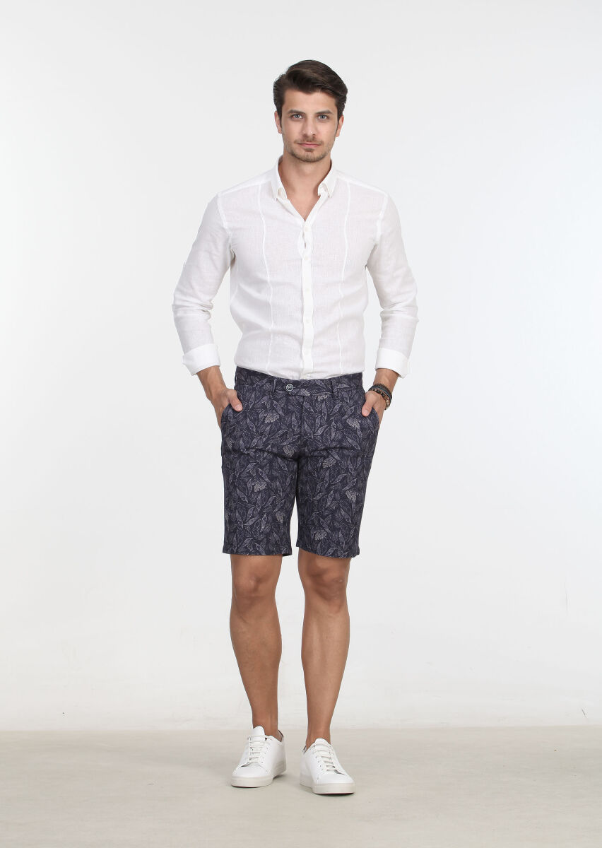 Navy Blue Weaving Regular Fit Casual 100% Cotton Bermuda - 1