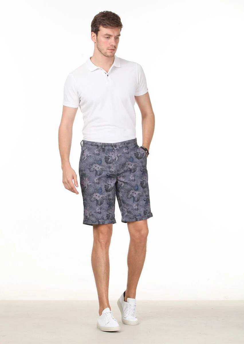 Navy Blue Weaving Regular Fit Casual 100% Cotton Bermuda - 1