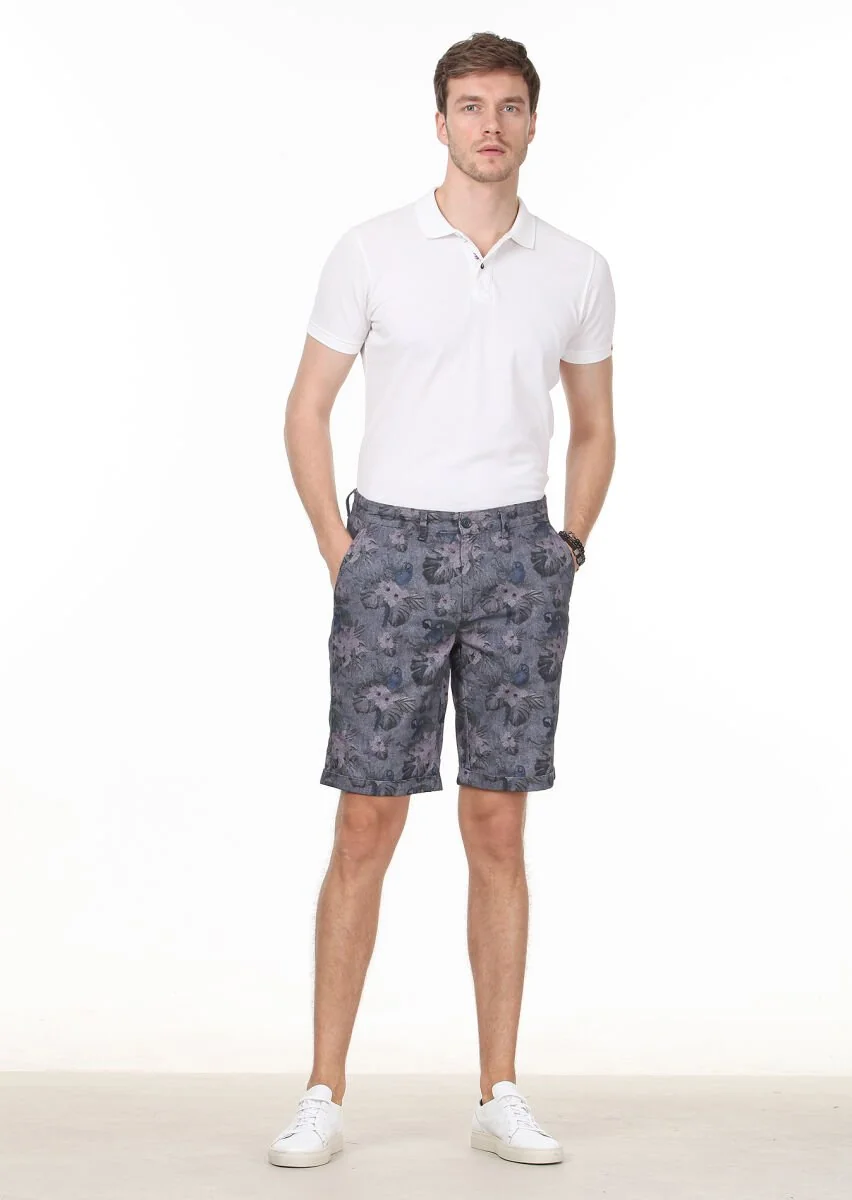 Navy Blue Weaving Regular Fit Casual 100% Cotton Bermuda - 2