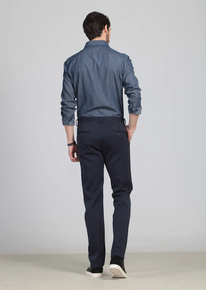 Navy Blue Weaving Regular Fit Casual 100% Cotton Trousers - 5