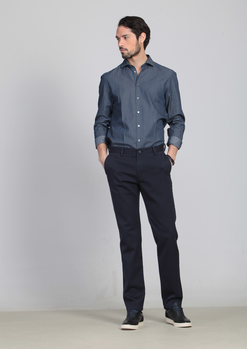 Navy Blue Weaving Regular Fit Casual 100% Cotton Trousers - 1