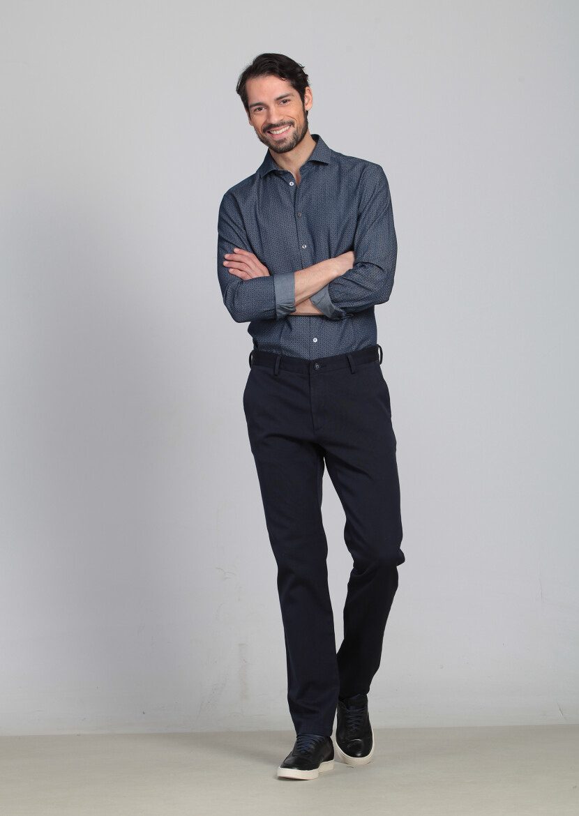 Navy Blue Weaving Regular Fit Casual 100% Cotton Trousers 