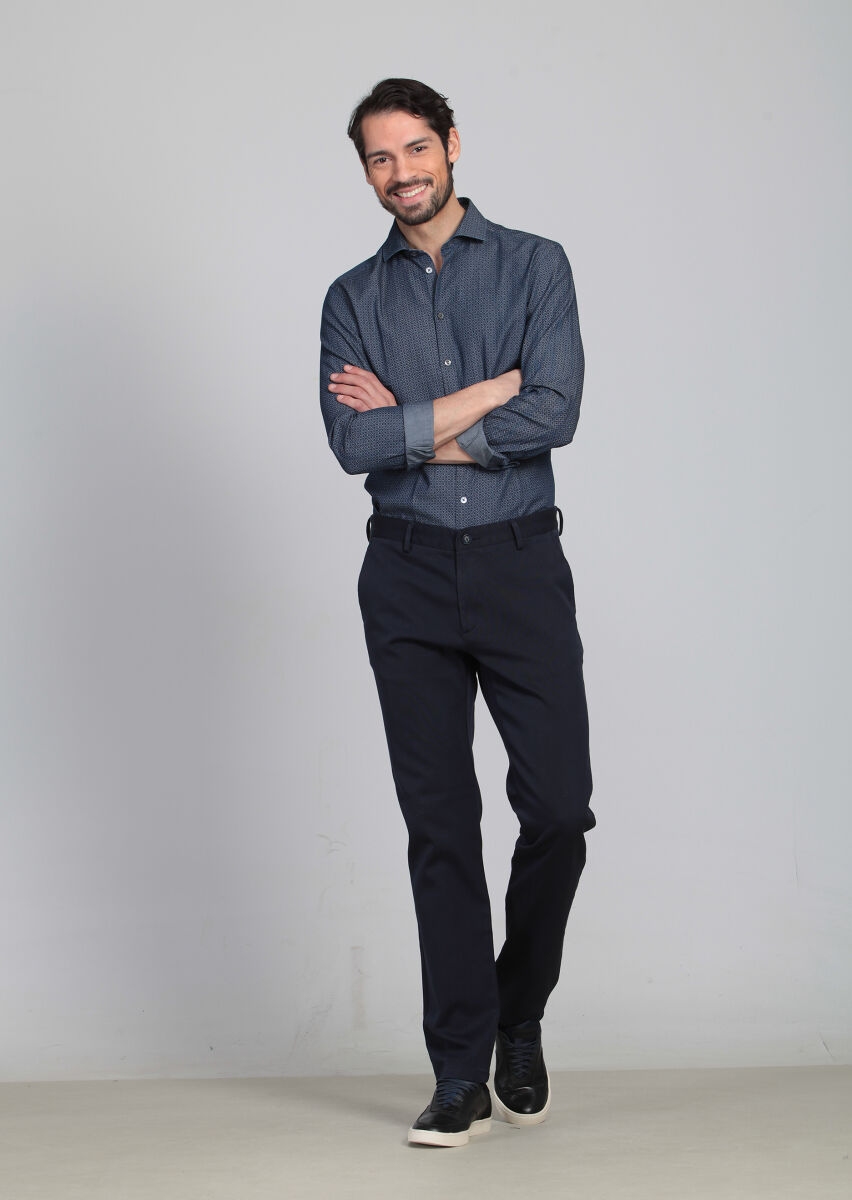 Navy Blue Weaving Regular Fit Casual 100% Cotton Trousers - 2