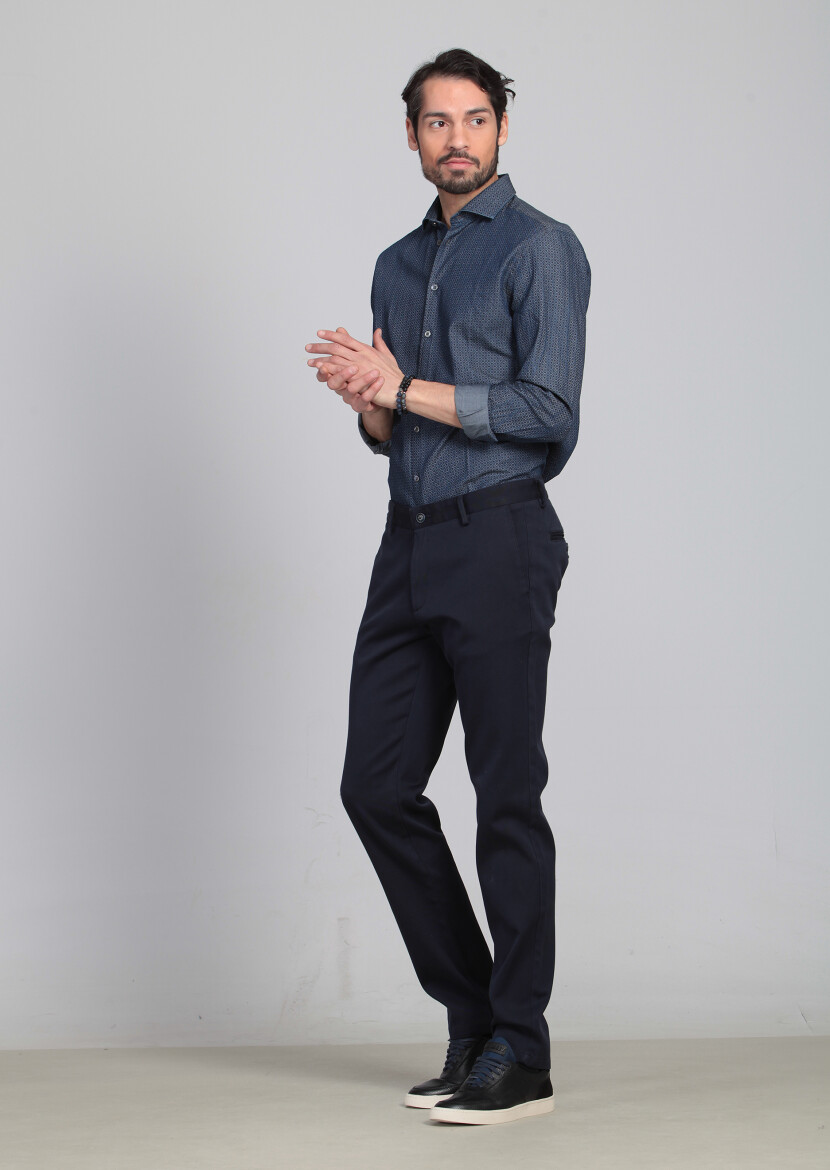 Navy Blue Weaving Regular Fit Casual 100% Cotton Trousers - 3