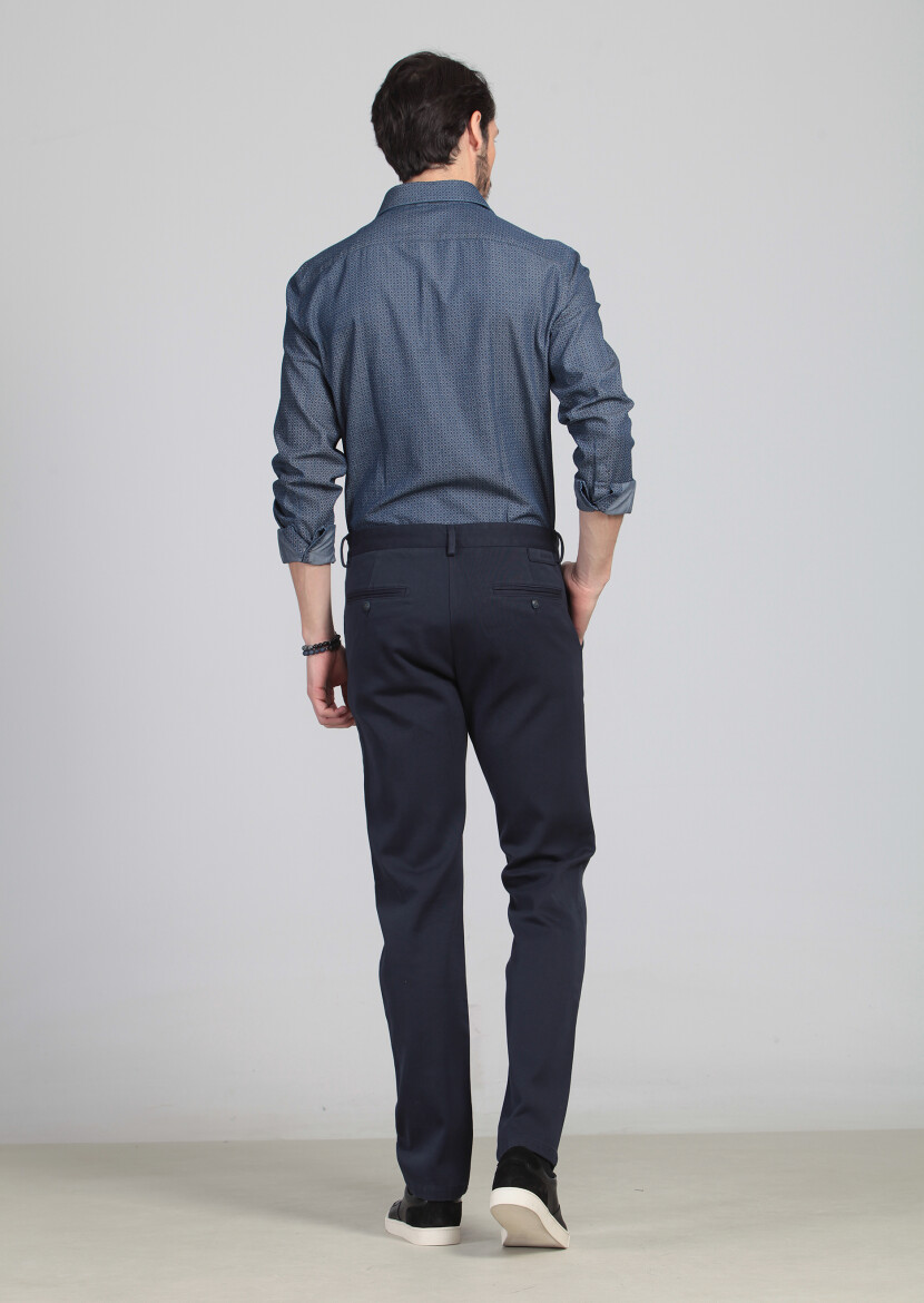 Navy Blue Weaving Regular Fit Casual 100% Cotton Trousers - 5