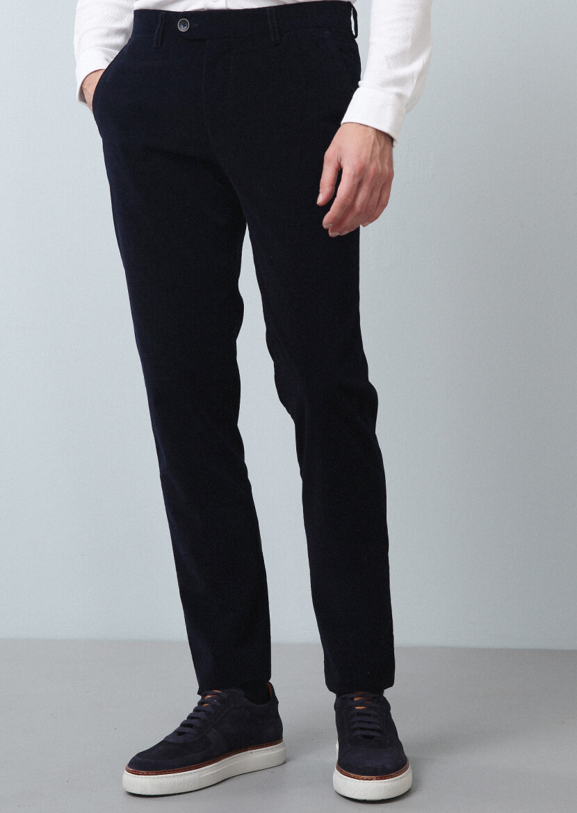 Navy Blue Weaving Regular Fit Casual 100% Cotton Trousers 