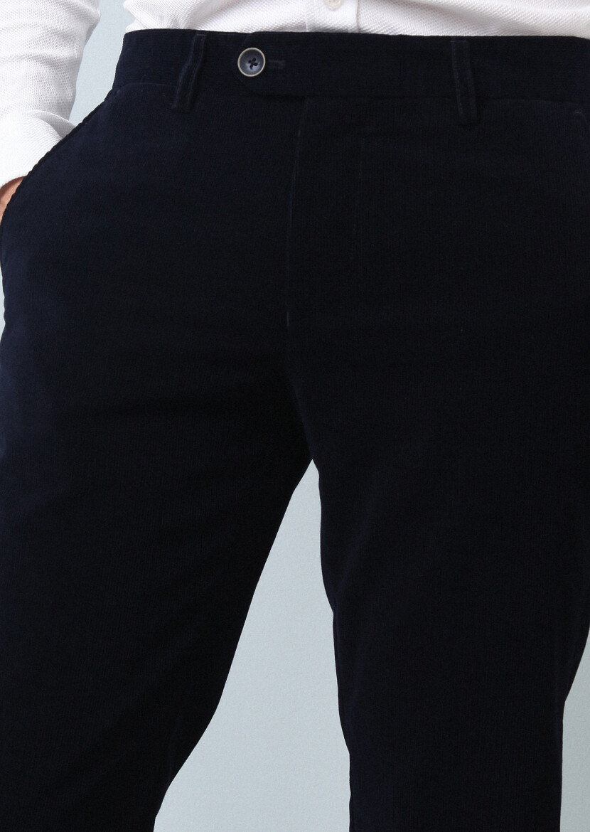 Navy Blue Weaving Regular Fit Casual 100% Cotton Trousers - 3