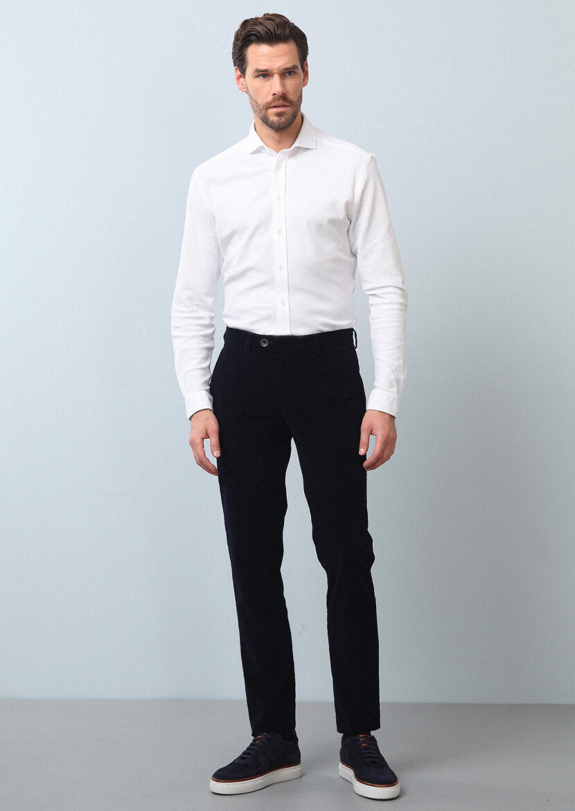 Navy Blue Weaving Regular Fit Casual 100% Cotton Trousers - 4